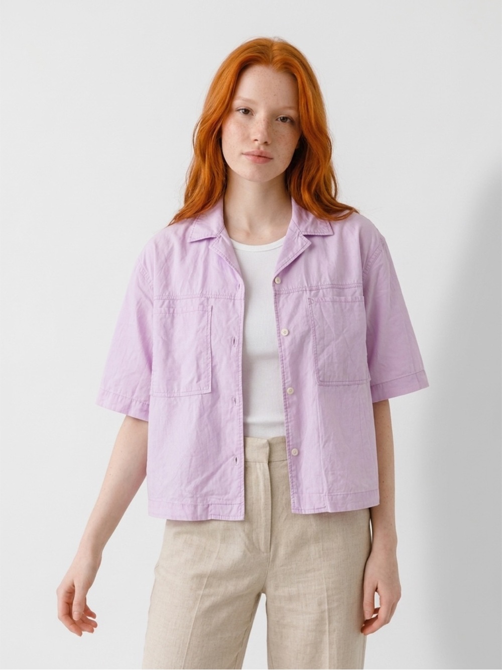 Zara pink Short-Sleeve boxy cropped Button Down Shirt